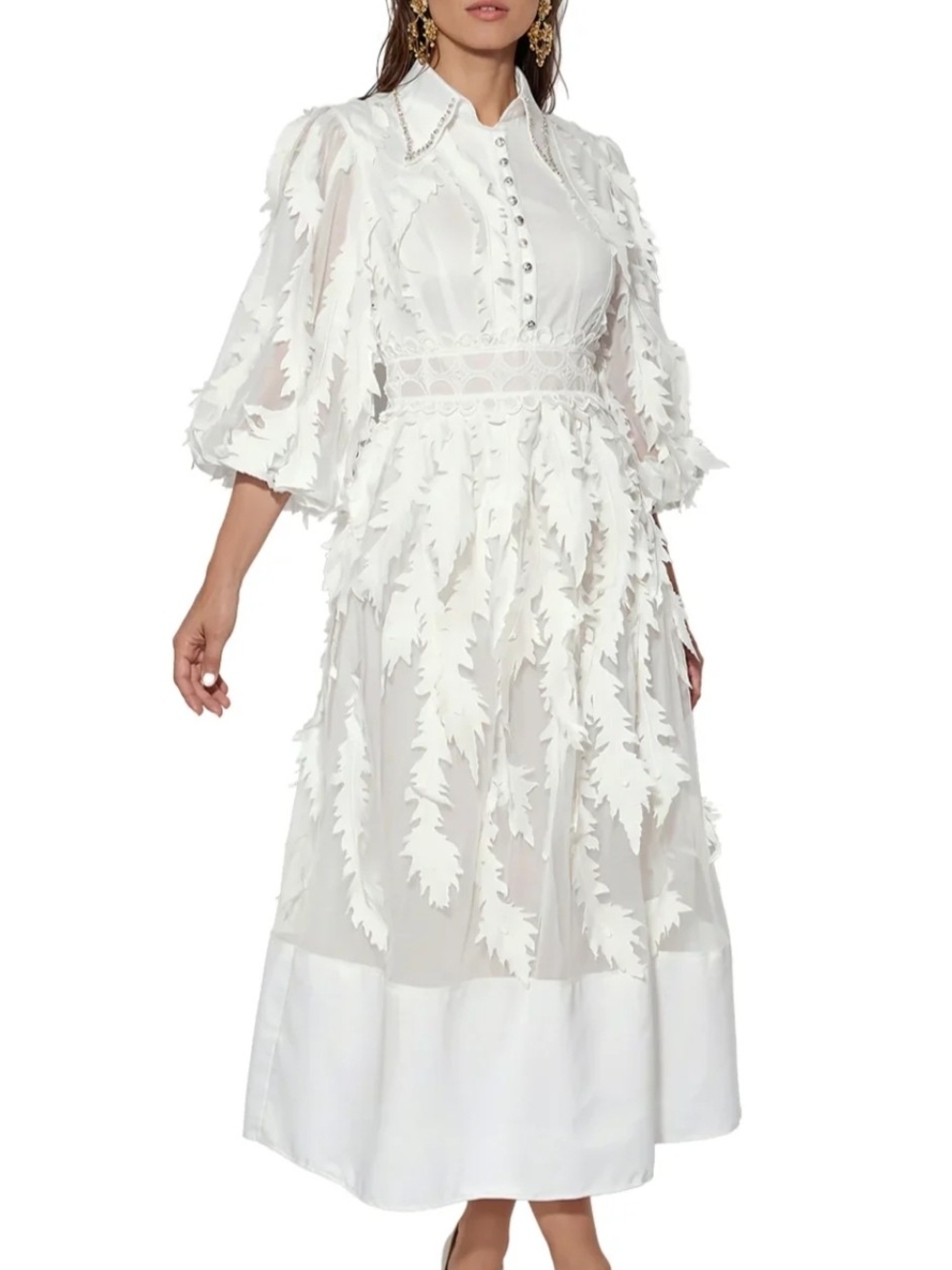 White Midi Dress with Leaf Appliqué and Sheer Overlay